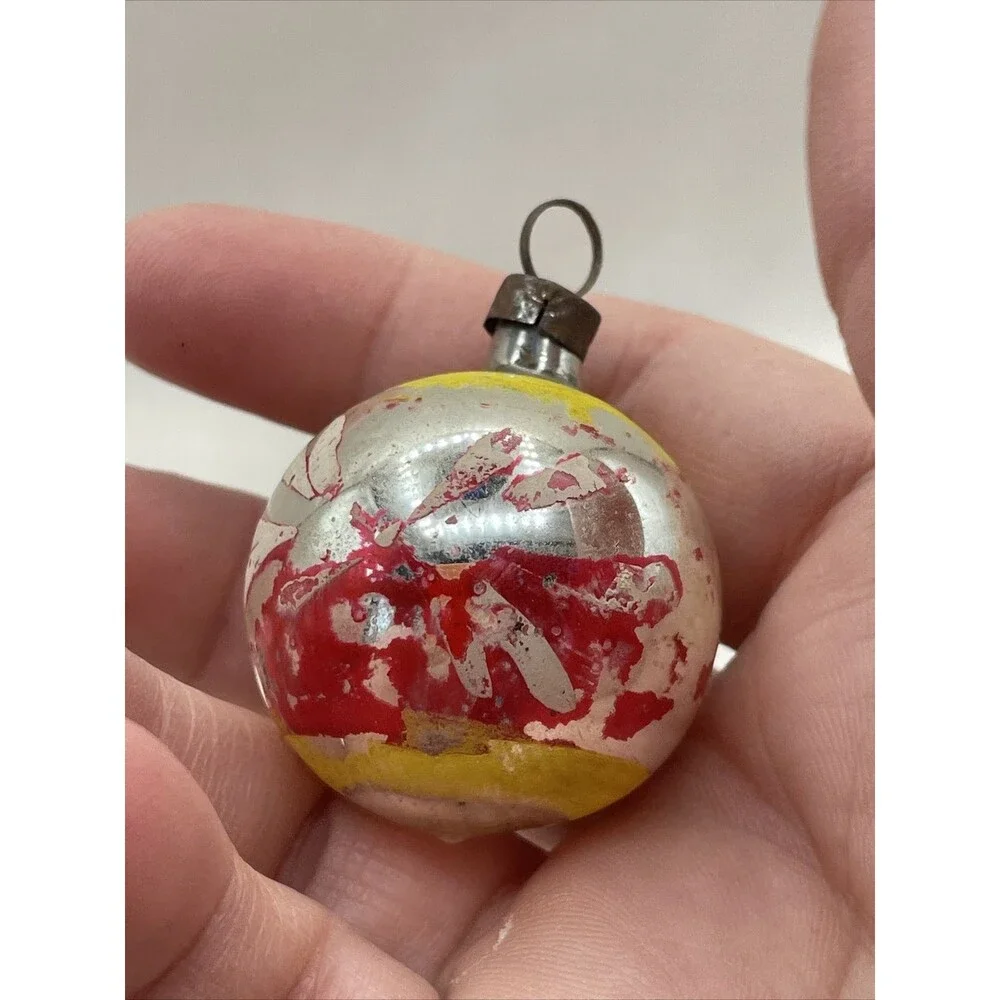 2 Vintage Mercury Glass Painted Christmas Ornaments Floral Striped Holiday Tree